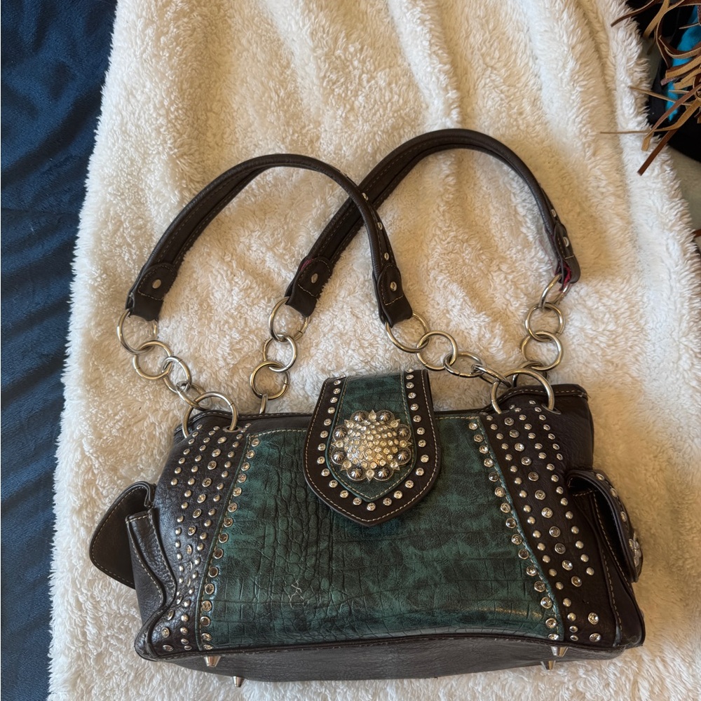 Montana West Green and Brown Studded Handbag